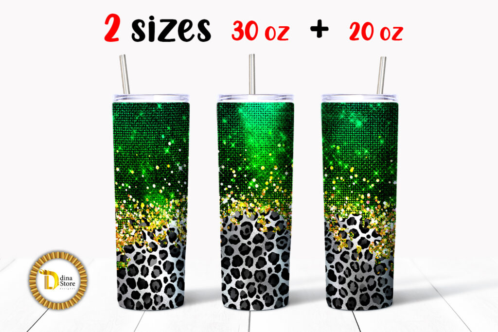 20 & 30 Oz Green Glitter Leopard Skinny Tumbler