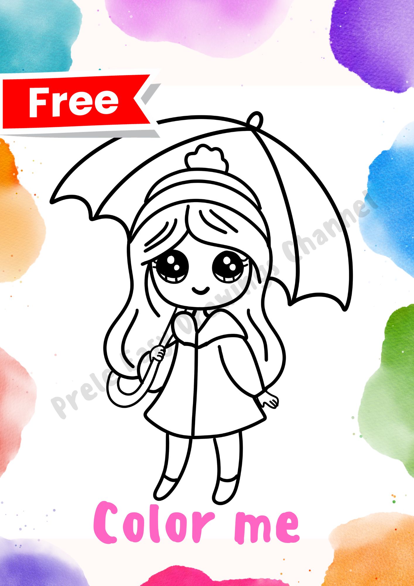 Girl with umbrella Watercolor Line Drawing