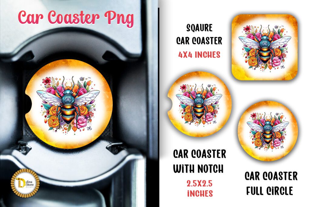 Floral Bee Gold Car Coaster Sublimation PNG | 3 Car Coasters