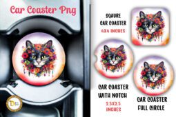 Floral Black Cat Car Coaster Sublimation PNG | 3 Car Coaster