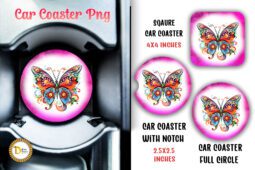 Floral Butterfly Pink Car Coaster Sublimation PNG