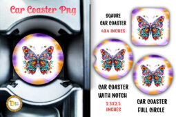 Floral Butterfly Purple Car Coaster Sublimation PNG