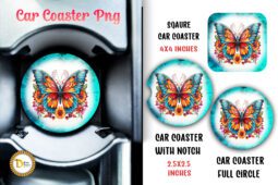 Floral Butterfly Turquoise Car Coaster Sublimation PNG