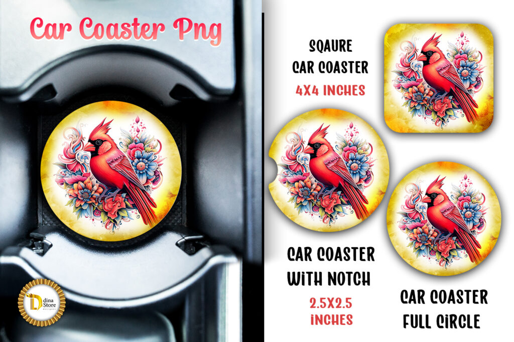 Floral Cardinal Gold Car Coaster Sublimation PNG
