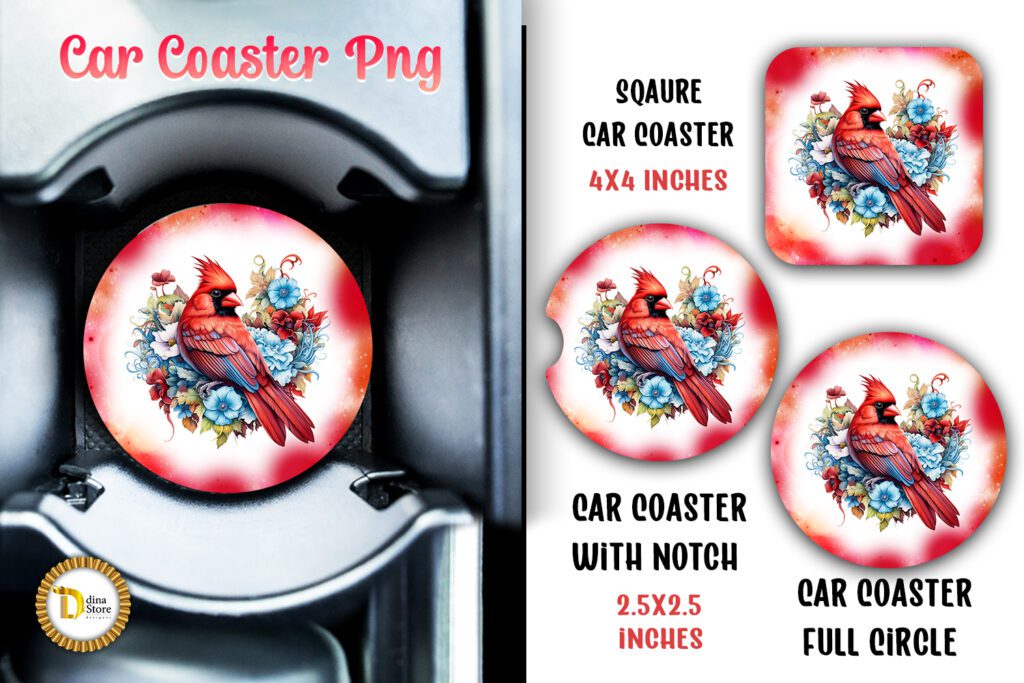 Floral Cardinal Red Car Coaster Sublimation PNG