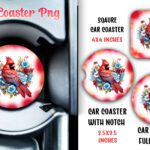 Floral Cardinal Red Car Coaster Sublimation PNG