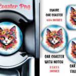 Floral Cat Car Coaster Sublimation PNG