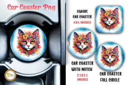 Floral Cat Car Coaster Sublimation PNG