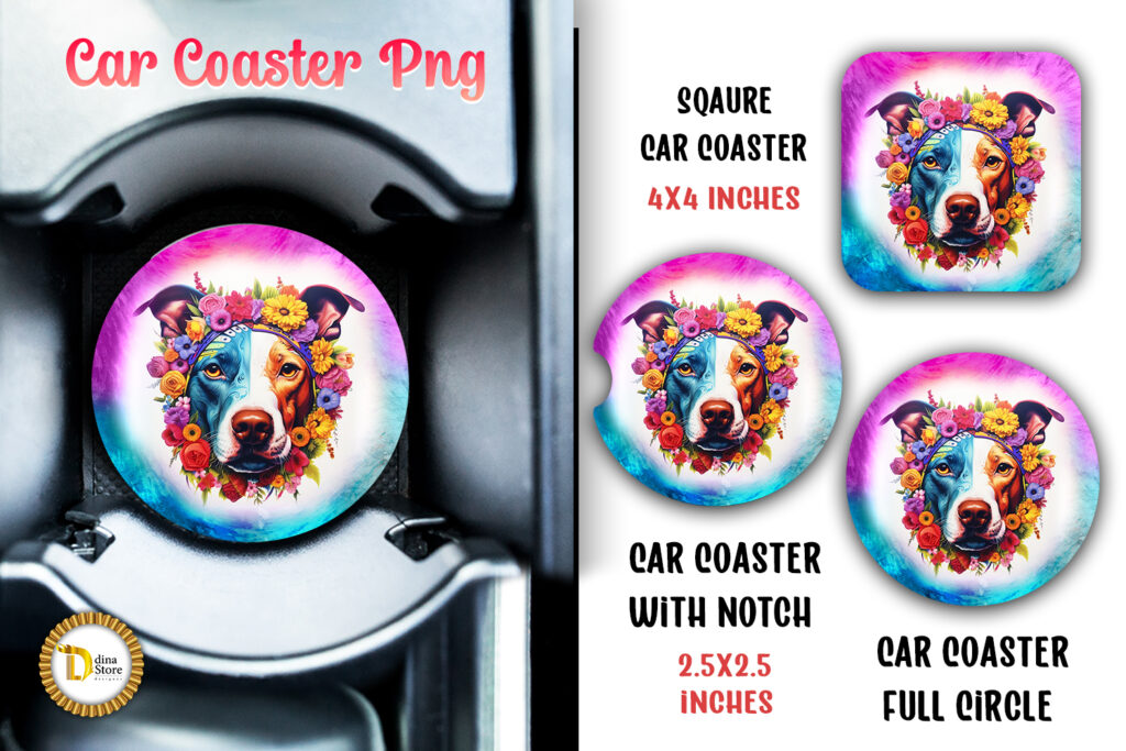 Floral Dog Pink Car Coaster Sublimation PNG
