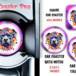 Floral Dog Purple Car Coaster Sublimation PNG