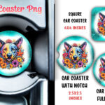 Floral Dog Turquoise Car Coaster Sublimation PNG