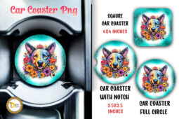 Floral Dog Turquoise Car Coaster Sublimation PNG