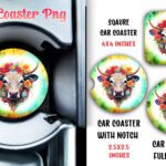 Floral Heifer Car Coaster Sublimation PNG
