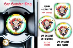 Floral Heifer Car Coaster Sublimation PNG