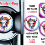 Floral Heifer Skull Car Coaster Sublimation PNG