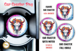 Floral Heifer Skull Car Coaster Sublimation PNG