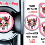 Floral Heifer Skull Pink Car Coaster Sublimation PNG