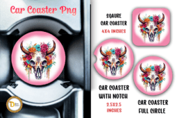 Floral Heifer Skull Pink Car Coaster Sublimation PNG